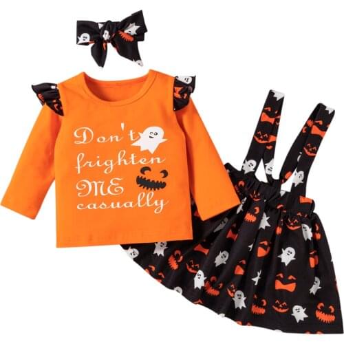 OPPERIAYA Kids Baby Girl Skirt Three Piece Cotton Suit Halloween Print Long Sleeve T-shirt and Suspender Skirt with Bow Headband
