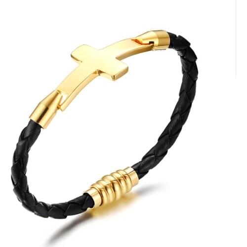 European and American Style Fashion Jewelry Stainless Steel Cross PU Leather Suitable For Womens Trendy Personality Bracelet