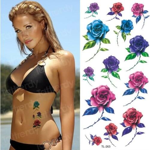 Fake tatoo flower women temporary tattoo sticker rose lotus purple flower tattoos to cover scars summer beach stickers bikini