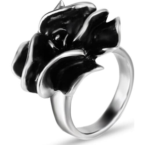 RIR Black Rose Flower Rings Silver Stainless Steel Charm Simple Flower Ring For Women Rings Jewelry Gift