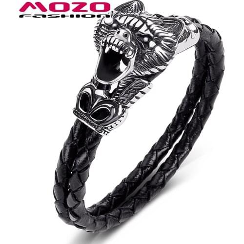 Bracelet Men Black Genuine Leather 2020 Jewelry Stainless Steel Screaming Wolf Punk Style Charm Bangles