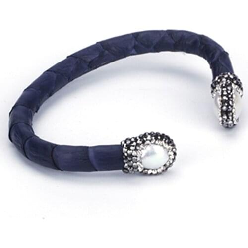 Irragular Natural Freshwater Pearl Rhinestone Open Cuff Bangle Dark Deep Blue Real Leather Wrap Charm Bracelet for Women