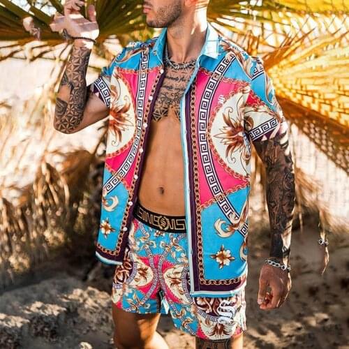 2021 Summer New Mens Beach Printing Cufflinks Shirt Beach Shorts Casual Mens Suit M-3xl Mens Cardigan Top