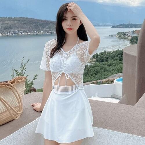 One Piece Swimsuit Korean Style Plus Size Swimwear Dress Trendy Sexy With Sleeve Onepiece Hot Bathing Suit Hollow White Lycra
