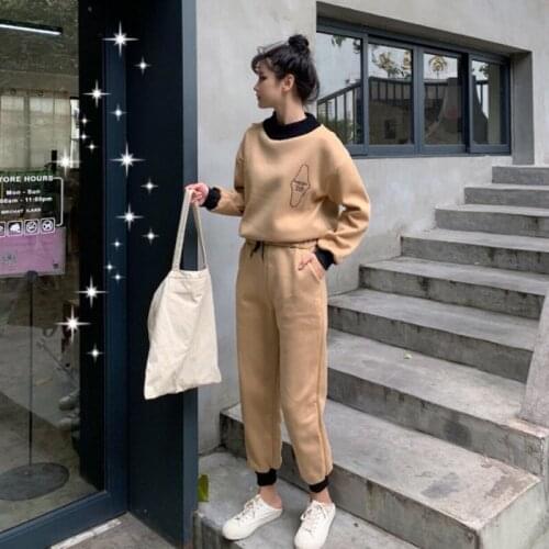 Autumn Winter Loose Fleece Thick Knit Sweatshirt Female Hooded Pullover Tops Women Hoodies Casual Female Clothes Two-piece set58