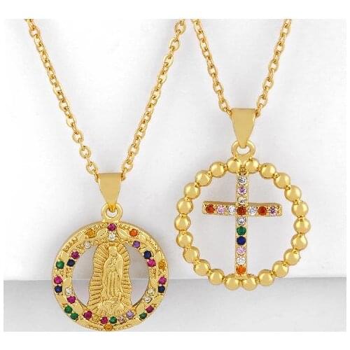 Virgin Mary cross multicolor micro pave cz zircon cubic zirconia necklace copper Clavicle gold plated Snake Chain Choker Pendant