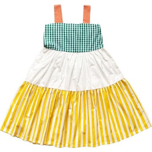 2020 Summer Teenager Girls Maxi Dress Kids Cotton Slip Dress Off Shoulder Striped Colorblock Party Frocks Cute Children Clothing