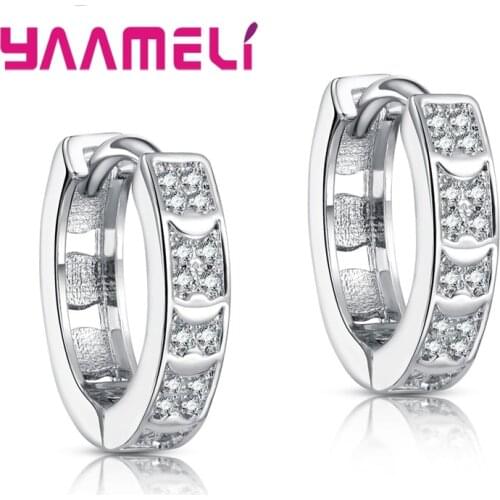 Simple Round Loop Hoop Earrings Shining Silver with 5A Grade Cubic Zircon Stones Mosaic Jewelry for Women Wedding Party