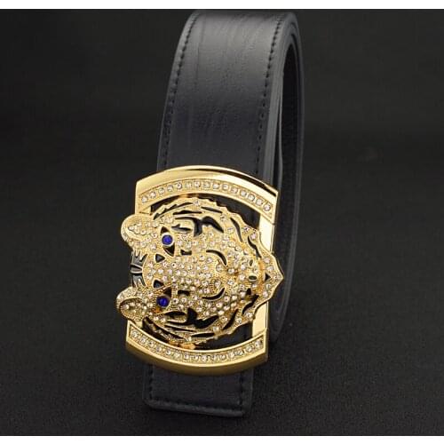 Fashion belt men fancy vintage Chinese tiger Cowskin Waistband slide buckle Waist Strap luxury genuine leather cintos masculinos