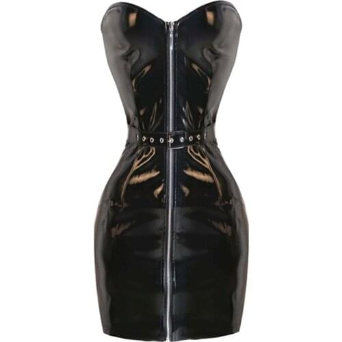 Sexy Shiny Black PVC Wet Look Off Shoulder Bodycon Dress Plus Size Hot PVC Latex Dress With Front Zipper Strapless Dress