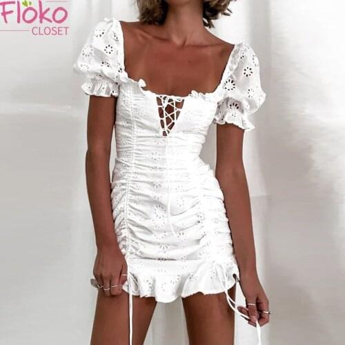 Flokocloset Sexy Hollow Out Lace Up Slim Pleated Embroidery Dress Summer Square Collar Puff Sleeve Ruffles Sundresss