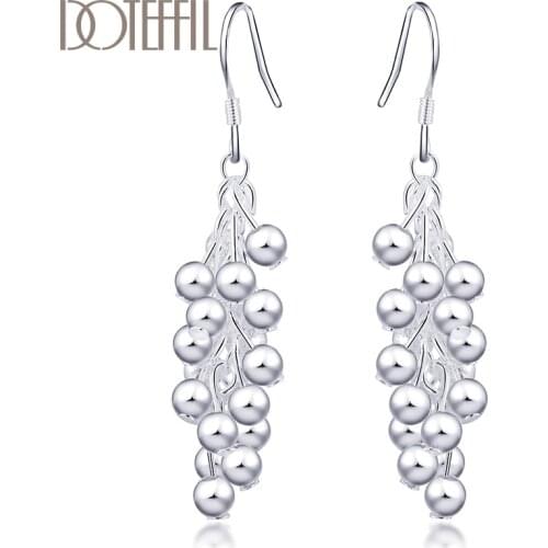 DOTEFFIL 925 Sterling Silver Smooth Grape Bead Earrings Fashion Woman Charm Earrings Wedding Jewelry