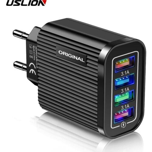 USLION EU US UK Plug USB Charger Type C Fast Charge QC 3.0 Wall Charging For iPhone 12 11 Xiaomi Mobile Phone 4 Ports Adapter