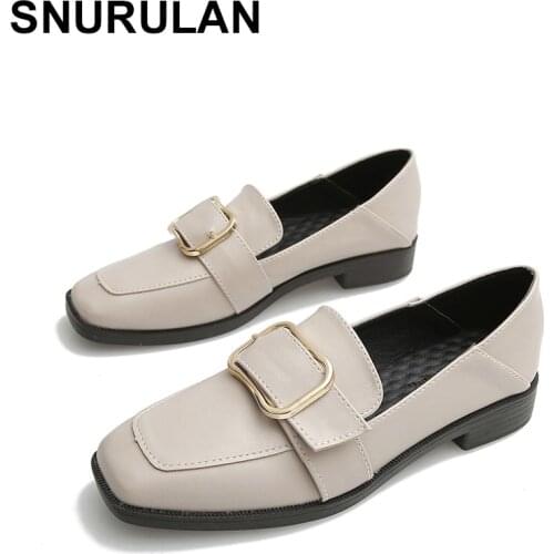SNURULAN Women Shoes Metal Buckle Low-heeled Square Toe Loafers Lace-up Slides Large Size Casual Oxfords Zapatos Mujer Black