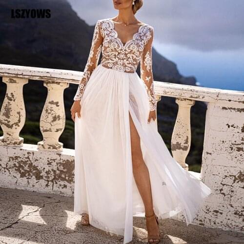 Sexy See Through Lace White Dress 2021 Women V-Neck Long Sleeve High Split Chiffon Maxi Dresses Elegant Evening Gown Party Dress