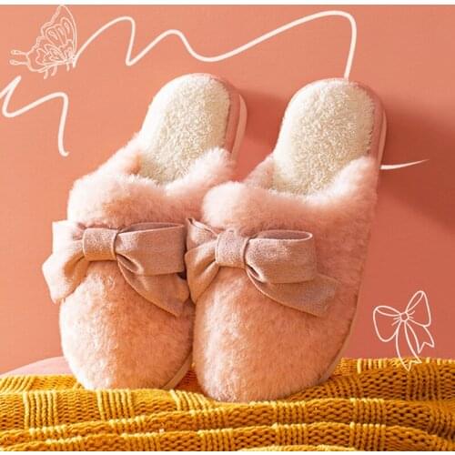 Cute Bow Pink Fur Slippers For Women Winter Warm Plush Bedroom Couples Flat Shoes House Buttterfly-knot Ladies Furry Slippers