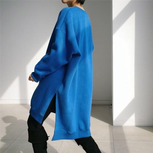 Oversized Hoodie Round Collar Side Spilt Long Sweatshirt Pure Color Kawaii Fall Pullover 2020 Women Clothing Plus Size