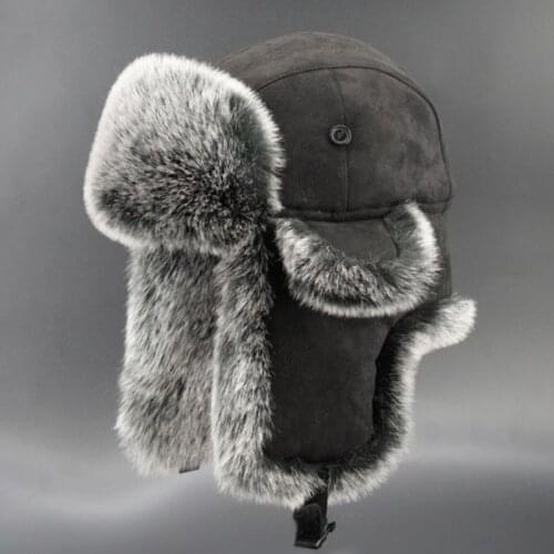Vintage Suede Bomber Hats Winter Mens Trapper Hat Faux Fox Fur Russia Ushanka Army Aviator Earflap Snow Ski Cap Black