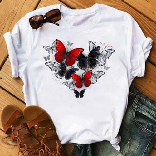 Maycaur Women Lady Cartoon Butterfly Feather Printed T Shirt Summer Short Sleeves Clothes Tee Womens Top Female Graphic Tshirts