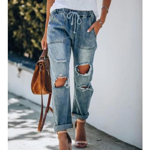 Womens Jeans Ripped Lace-up Womens Trousers Trousers