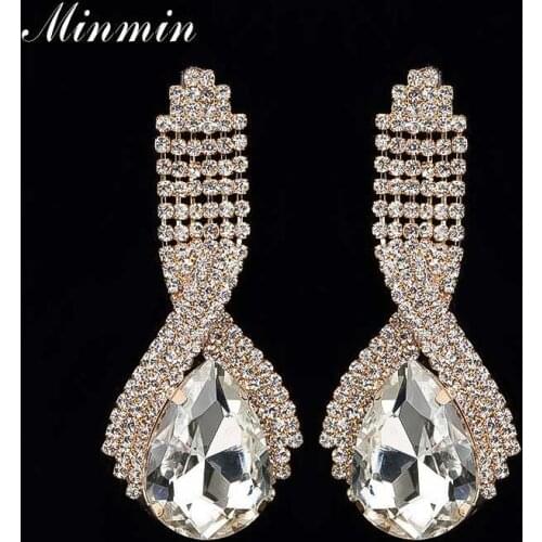 Minmin Luxury Full Rhinestone Big Teardrop Wedding Earrings for Women Shiny 4 Colors Crystal Drop Dangle Earrings Jewelry EH1662