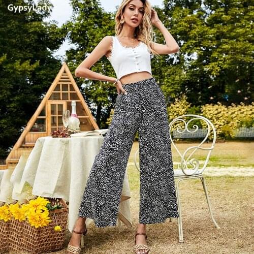 GypsyLady Floral Print Wide Leg Pants Black Summer Boho Casual Chic Long Pants Women Elastic Waist Loose Female Pants 2021 New