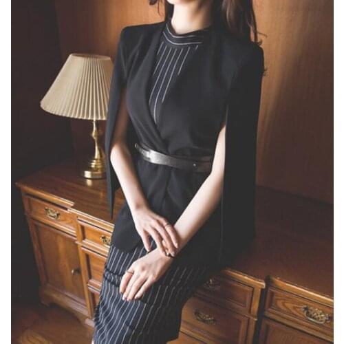 2018 spring and summer womens cloak shawl jacket + Slim vertical stripes OL commuter bag hip dress two-piece suit TB18183