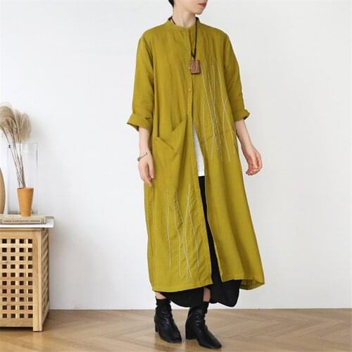 Johnature Women Embroidery Cotton Linen Shirt Dresses Vintage Loose 2021 New Spring Stand Long Sleeve Button Women Casual Dress