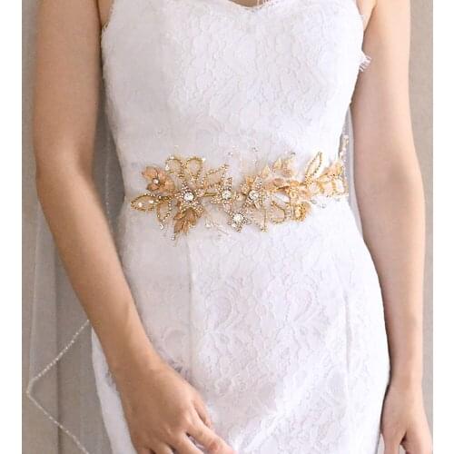 ZMSH282-G Rhinestone Belts Floral Bridal Belt for Women Dress Belt Flowers for Dresses Sparkle Ladies Wedding Belts Gold Flowers