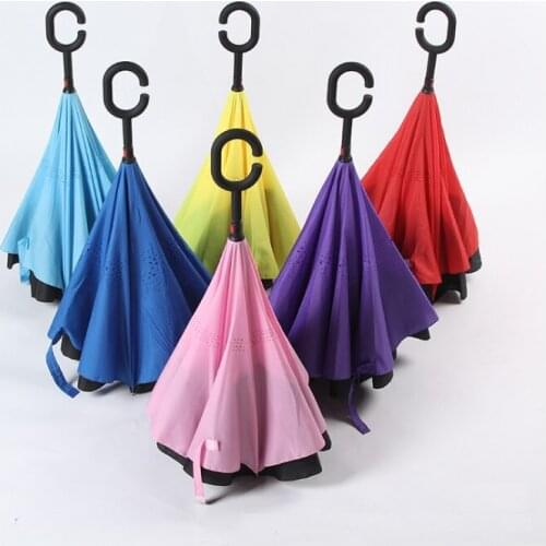 10pcs Creative Inverted Umbrellas Double Layer With C Handle Inside Out Reverse Windproof Umbrella 7 colors
