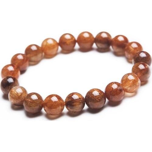 11mm Genuine Natural Brazilian Copper Hair Rutilated Quartz Stretch Bracelets For Women Charm Round Crystal Bead Bracelet