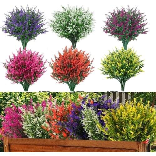 8 Bundles Artifical Flowers Fake Lavender Flowers UV Resistant Shrubs Plants No Fade Plastic Greenery Home Yard Garden Decor