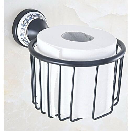Bathroom Accessories Black Oil Brass Ceramic Flower Pattern Wall Mounted Toilet Paper Roll Holder Shower Storage Basket aba758