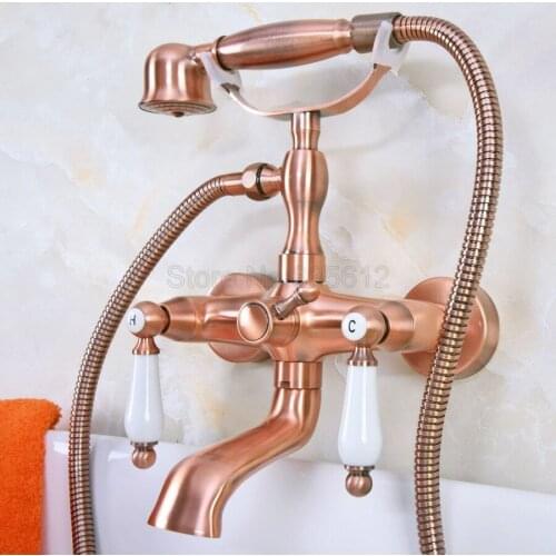Antique Red Copper Wall Mounted Clawfoot Bathtub Faucet telephone style Bath Shower Water Mixer tap with Handshower tna327