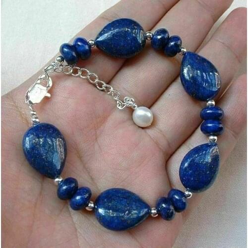 Natural 13x18mm Blue Lapis Lazuli Drop/Abacus Beads Gemstone Bracelet 7.5