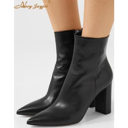 95 mm Black Leather Ankle Boots Large 44 Size Zipper Side Women Shoe Pointed Toe Square Heel 4 Inches Dress Autumn 2021 Female