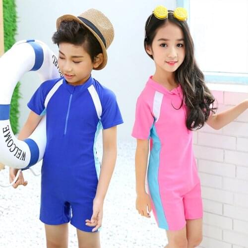 Unisex Kids One-piece Short Sleeve Zippered Swimsuit Swimwear Wetsuit Children Boys Girls Swimming Training Bathing Suit