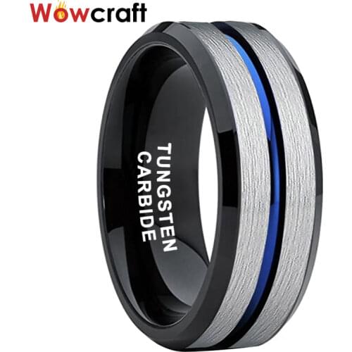 8mm Black Tungsten Wedding Band Matte Surface Engagement Ring Blue Grooved Center Top Plated Comfort Fit Beveled Edges