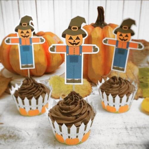 Halloween Cupcake Toppers and Cupcake Wrappers Scarecrow Pumpkin Jackolantern Fall Harvest Festival Cute Autumn Decor Supplies