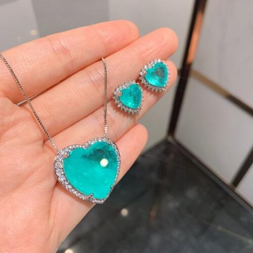 Luxury Womens Jewelry Sets Paraiba Heart Cut 10*10MM Earrings 20*20MM Necklace Anniversary Fashion