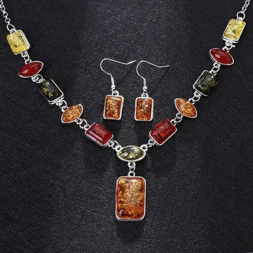 Square Oval Amber African Style Women Necklace Hook Earrings Party Jewelry Set