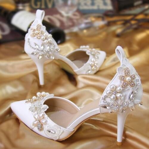 Summer crystal pointed word with stilettos and large size white bridal wedding shoes banquet dress daily pearl womens sandals
