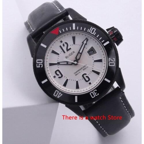 Bliger 43mm Automatic Mechanical Watch Men Luxury Brand Luminous Waterproof PVD Case Leather Strap Calendar Wristwatches Men