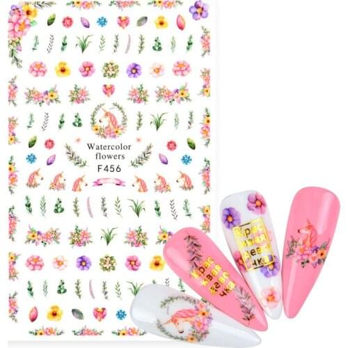 1pcs Nail Art Stickers Cartoon Unicorn Design Adhesive Nail Art Decorations Dolphin Rainbow Flowers Leaf Heart Nail Decals