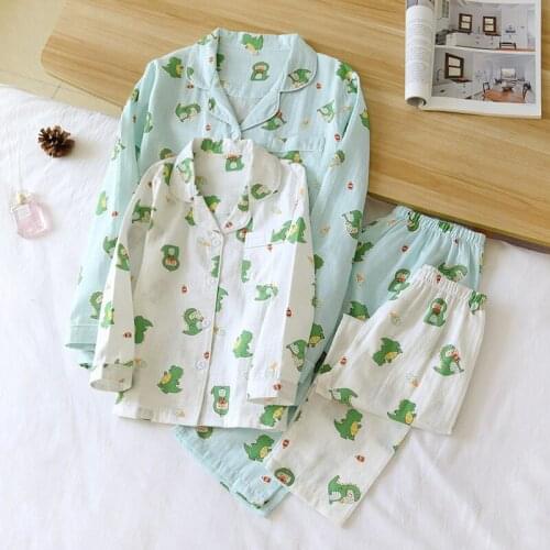 Parent-child Home Service Suit Women Cartoon Dinosaur Gauze Print Plus Size Pajamas Women Comfortable Lapel Parent-child Pajamas