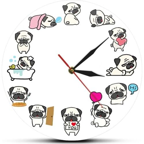 Cartoon Pug Dog Daily Life Wall Clock Dog Lover Home Decor Non Ticking Wall Clock Dog Breed Pet Shop Wall Art Clock Timepiece