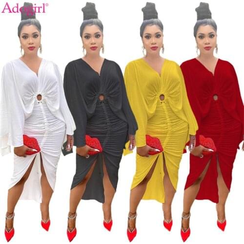 Adogirl Butterfly Sleeve Solid Maxi Party Dress Women Sexy Hollow Out V Neck Pleated Hi-Lo Bodycon Vestidos High Street Clubwear