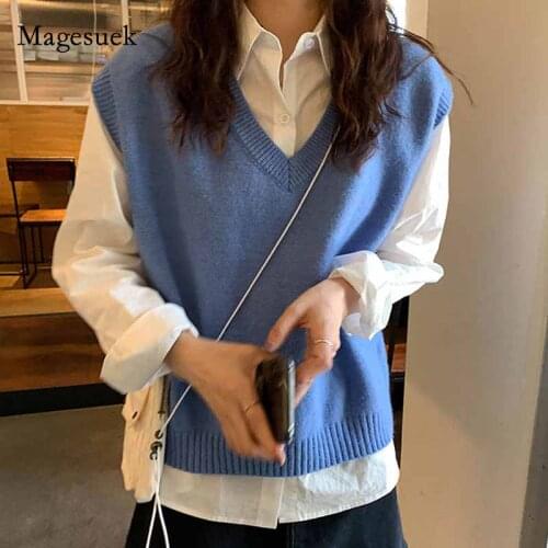 Autumn Winter Solid Knitted Sweater Vest Women Korean Sleeveless Casual Women Sweater V-neck Pullover Women Sweater Jumper 10896