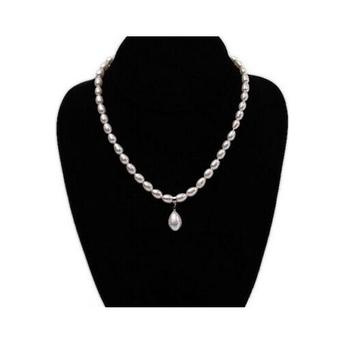 Free shipping Details about Natural 7-9mm White Rice Freshwater Pearl Necklace with Pearl Pendant Choker 17"