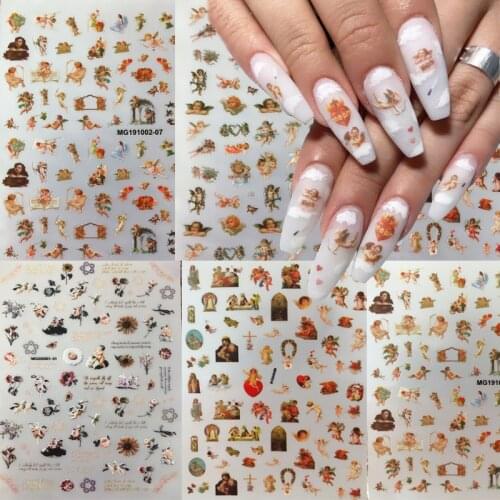 Nail Art Stickers Self-Adhesive 3D Jesus Christ Vintage Flowers Angel Baby Colorful Religious Series DIY Nail Sticker Decals